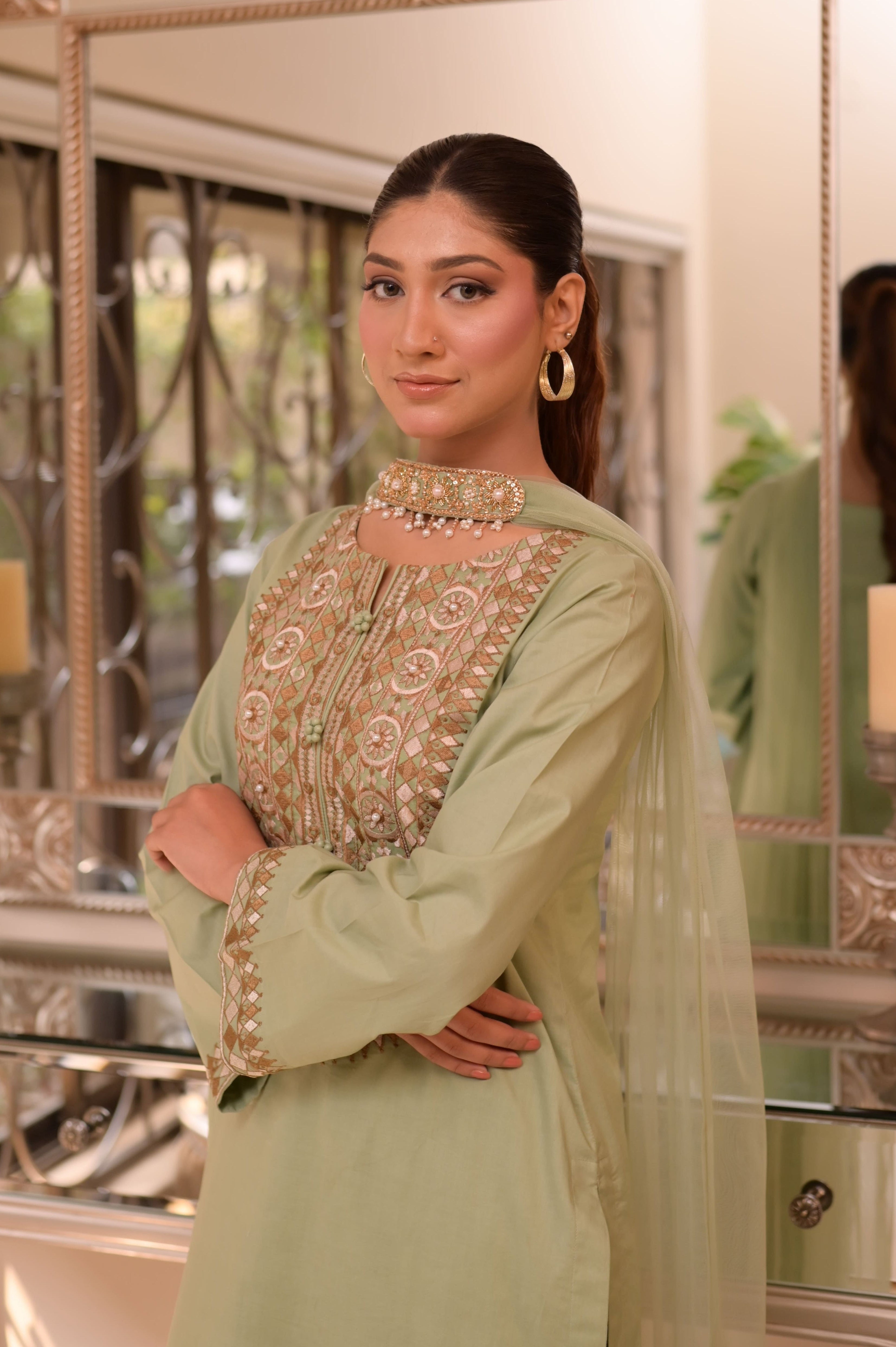 PISTACHIO EMBROIDERED COTTON 3-PC SET
