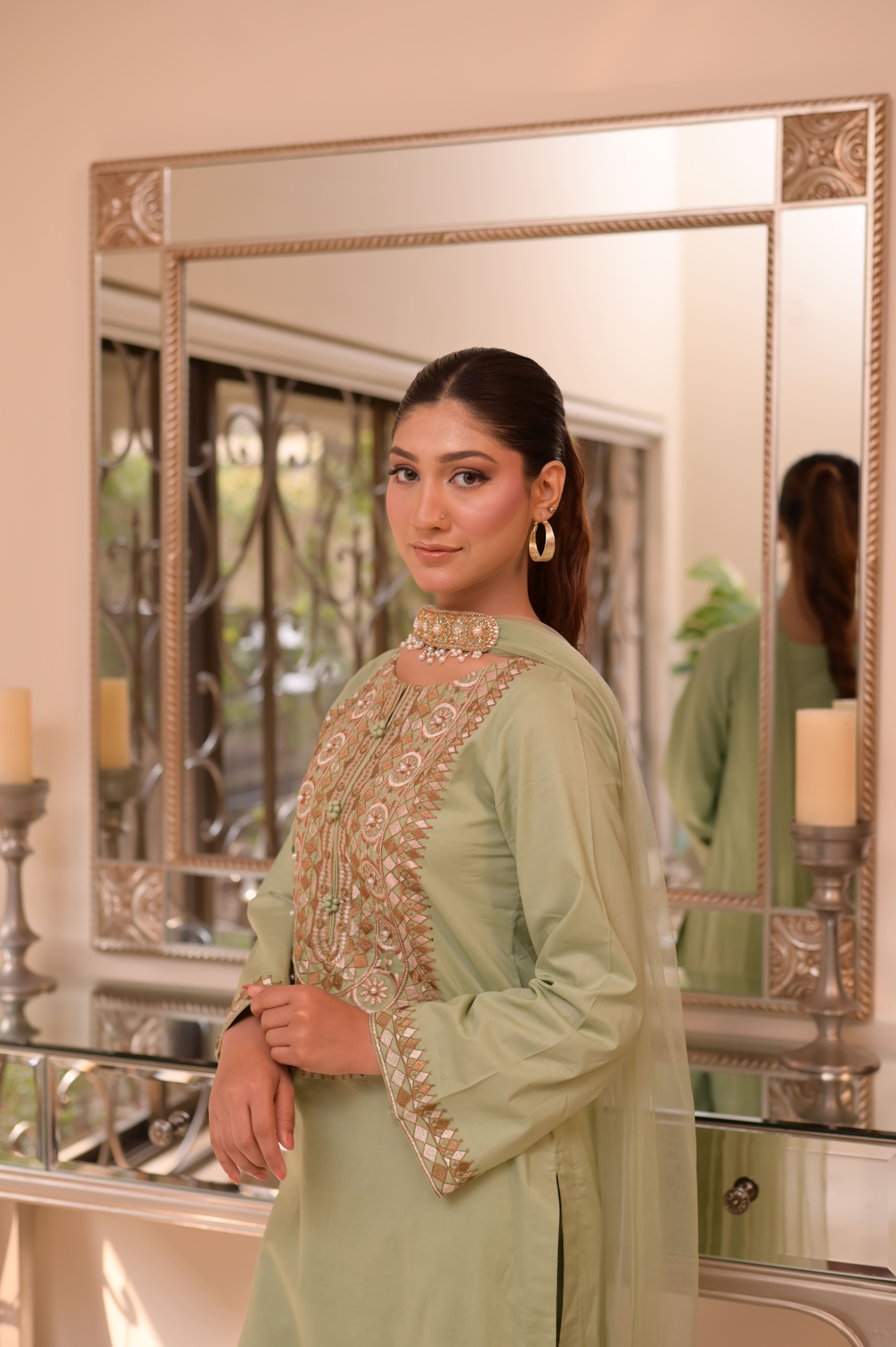 PISTACHIO EMBROIDERED COTTON 3-PC SET