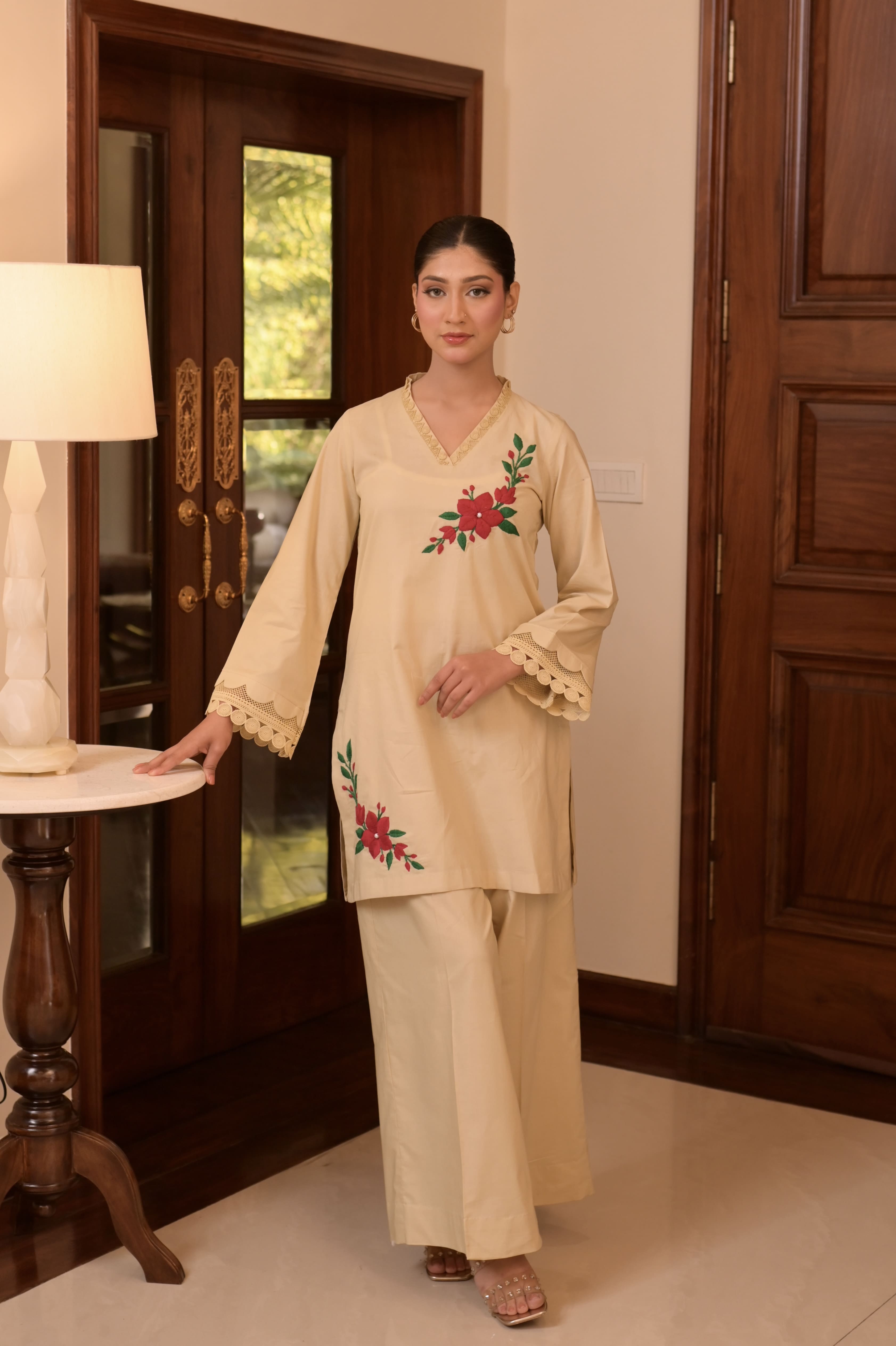 Soft Almond HAND-EMBROIDERED COTTON JACQUARD 2-PC SET