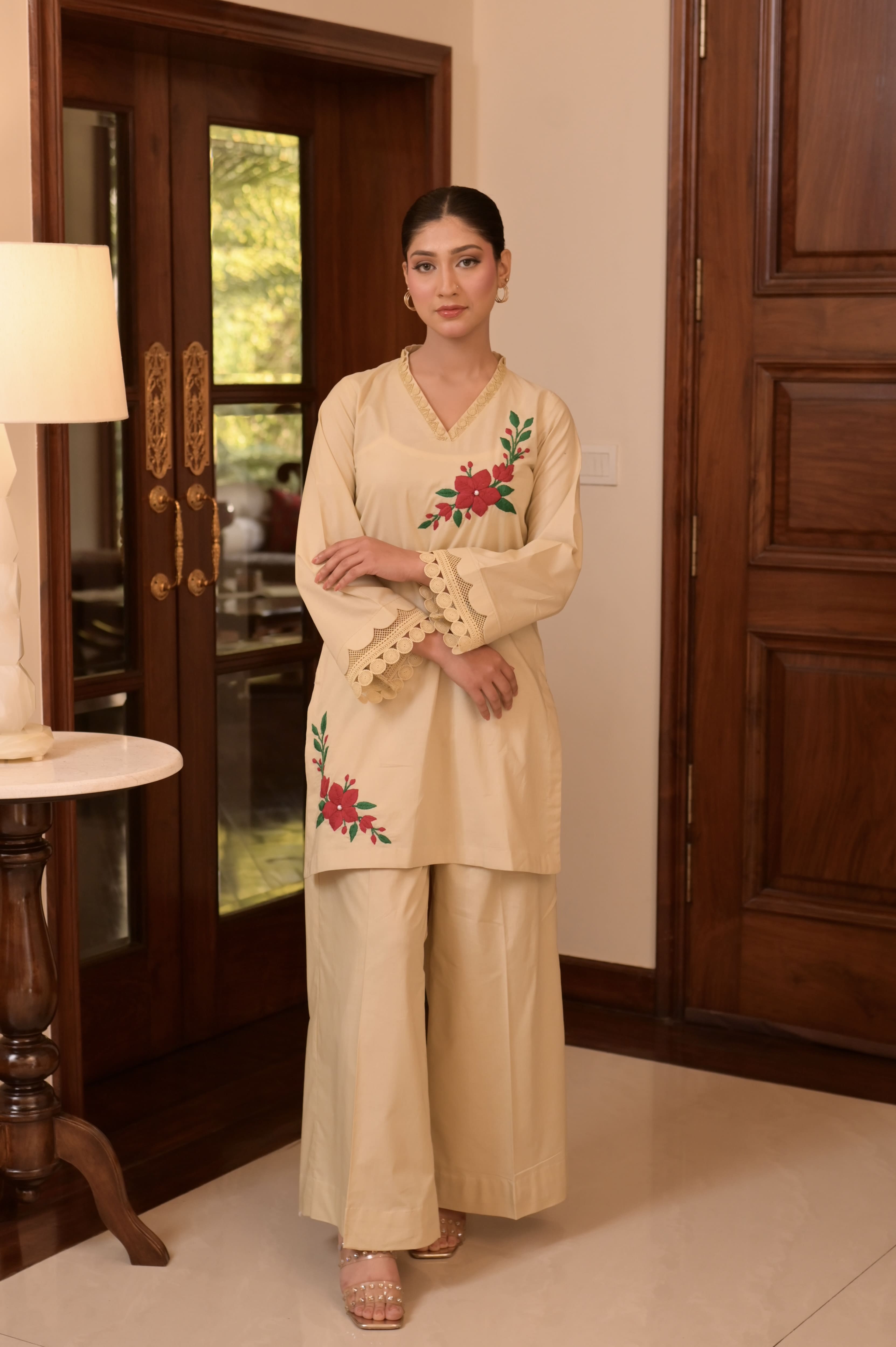 Soft Almond HAND-EMBROIDERED COTTON JACQUARD 2-PC SET