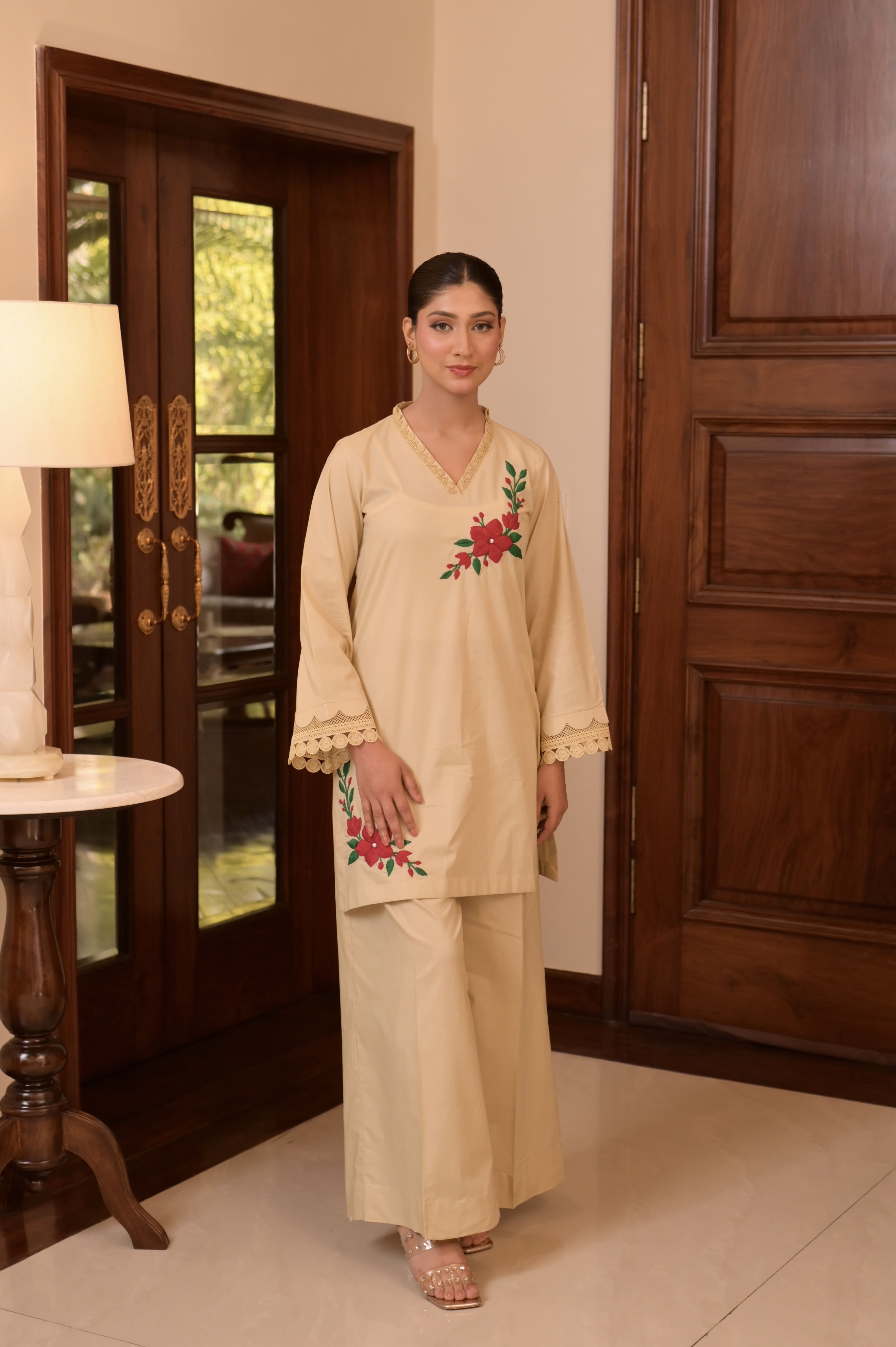 Soft Almond HAND-EMBROIDERED COTTON JACQUARD 2-PC SET