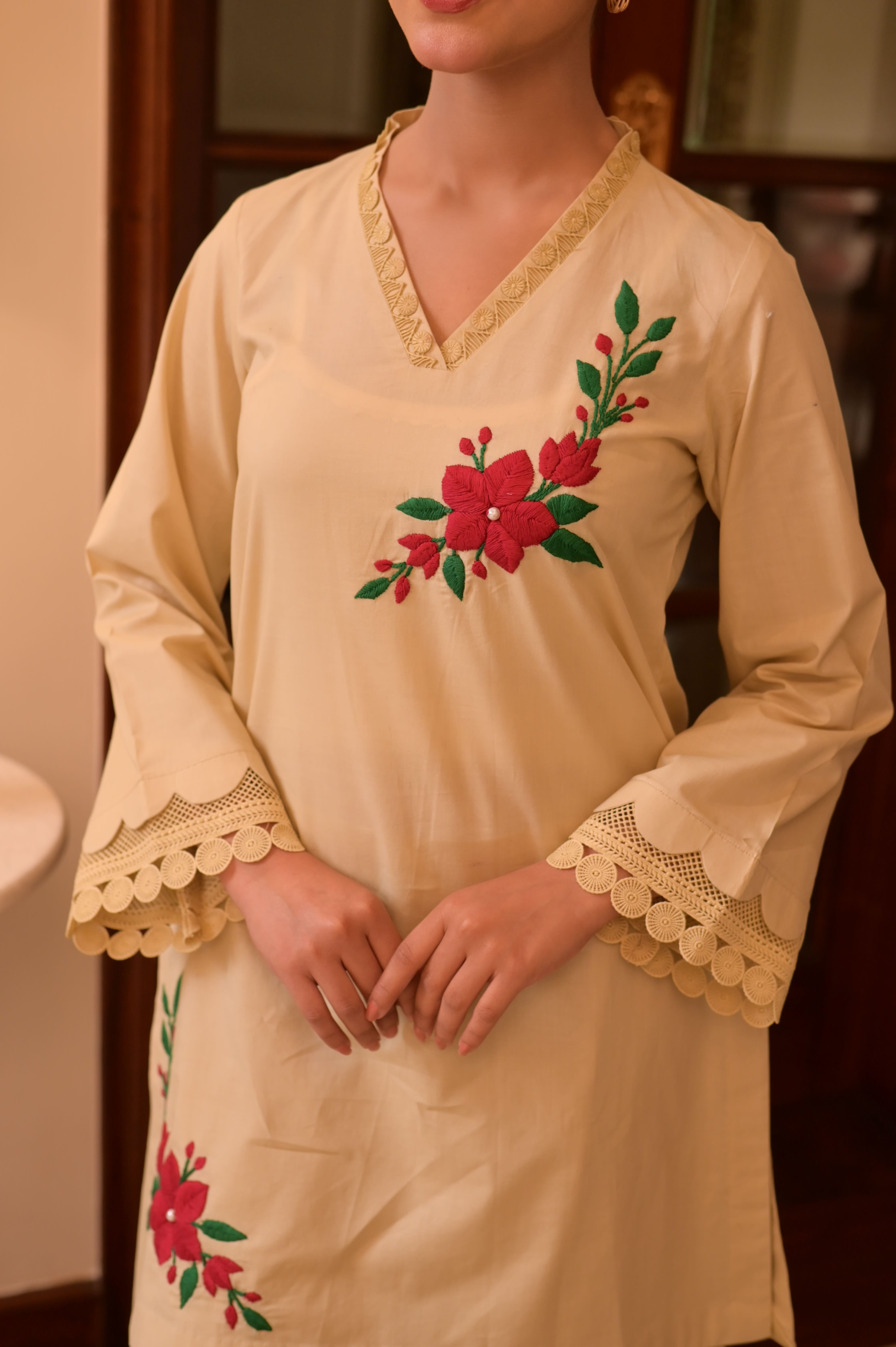 Soft Almond HAND-EMBROIDERED COTTON JACQUARD 2-PC SET