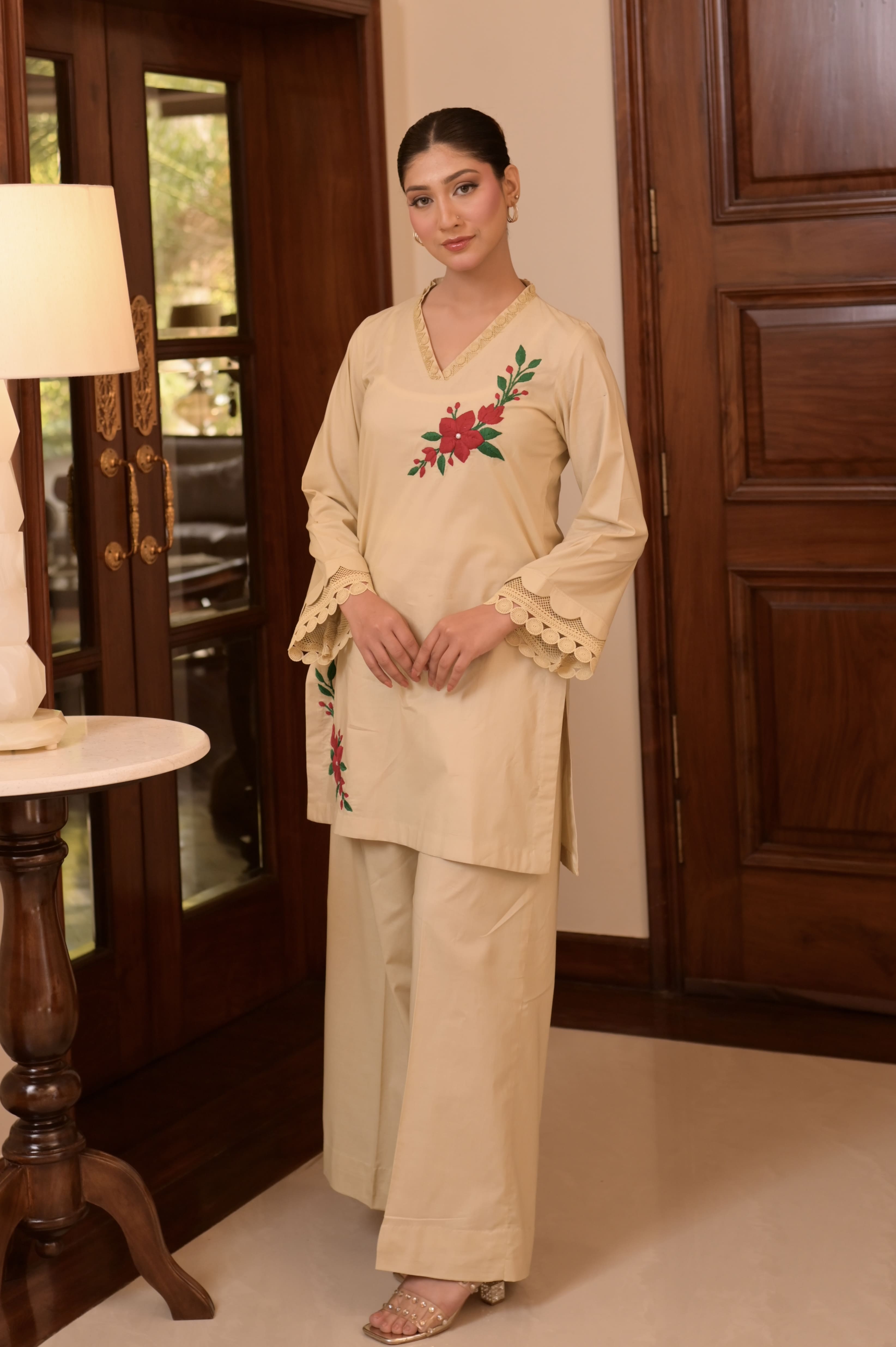 Soft Almond HAND-EMBROIDERED COTTON JACQUARD 2-PC SET