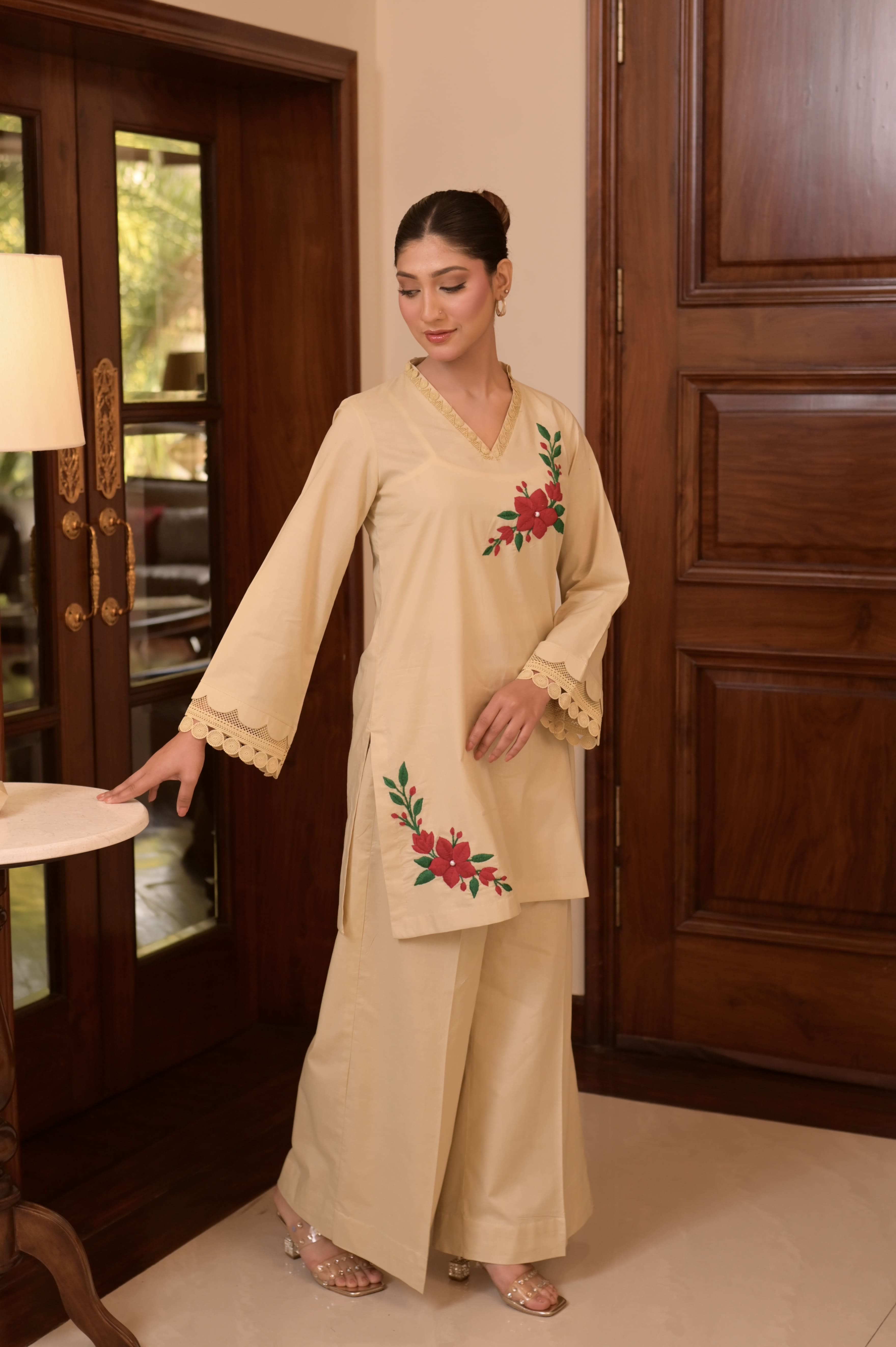 Soft Almond HAND-EMBROIDERED COTTON JACQUARD 2-PC SET