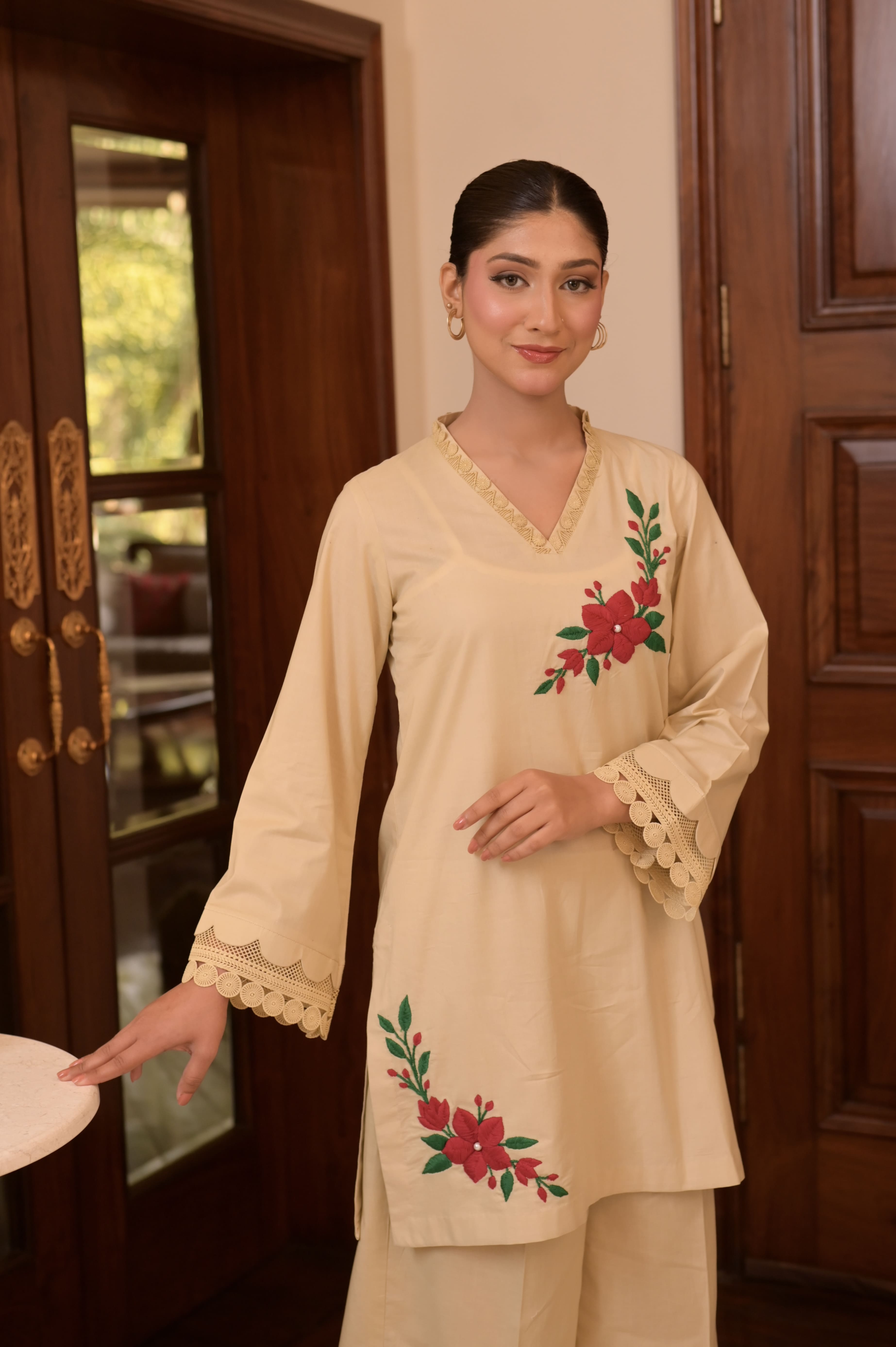 Soft Almond HAND-EMBROIDERED COTTON JACQUARD 2-PC SET