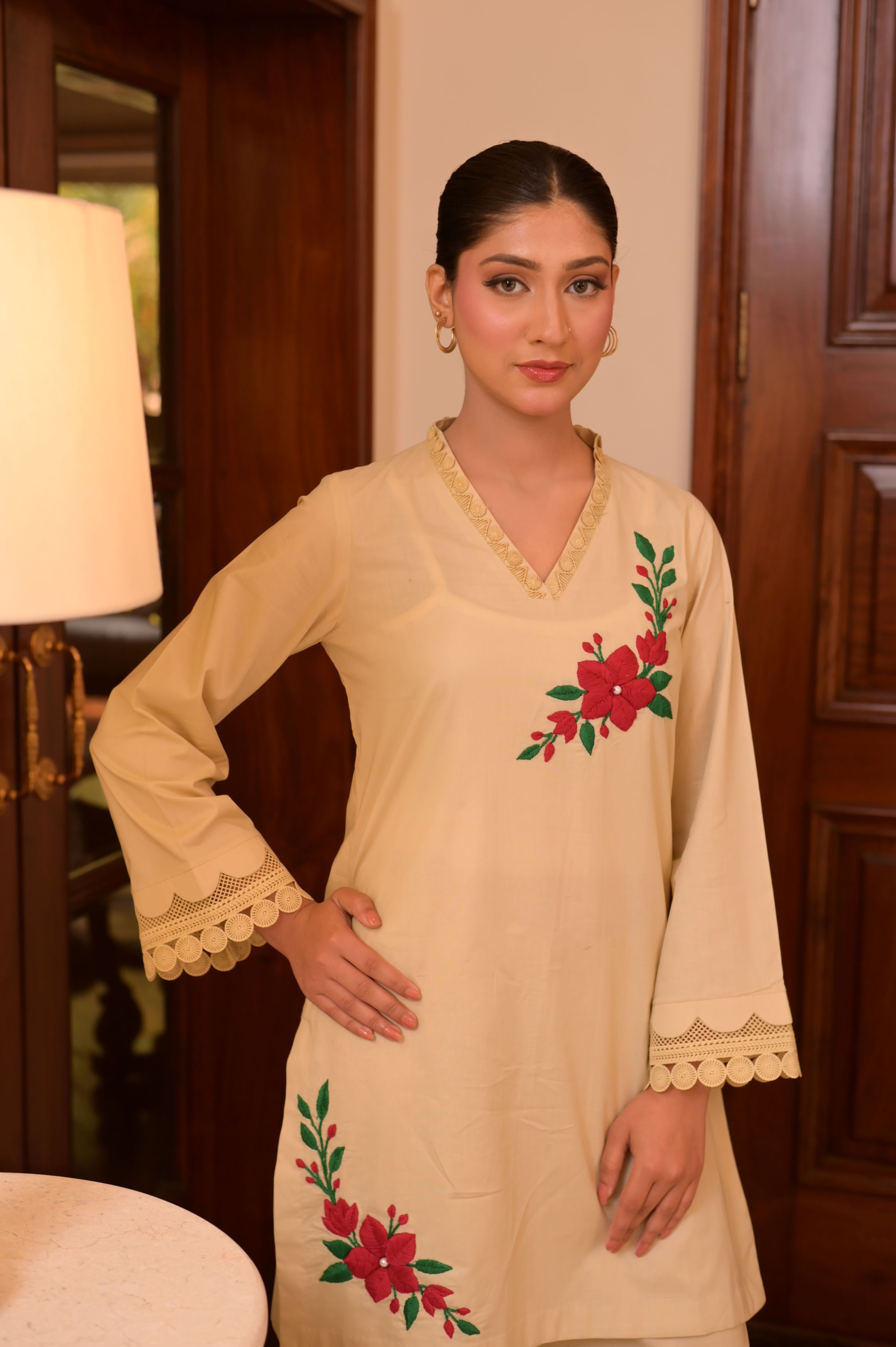 Soft Almond HAND-EMBROIDERED COTTON JACQUARD 2-PC SET