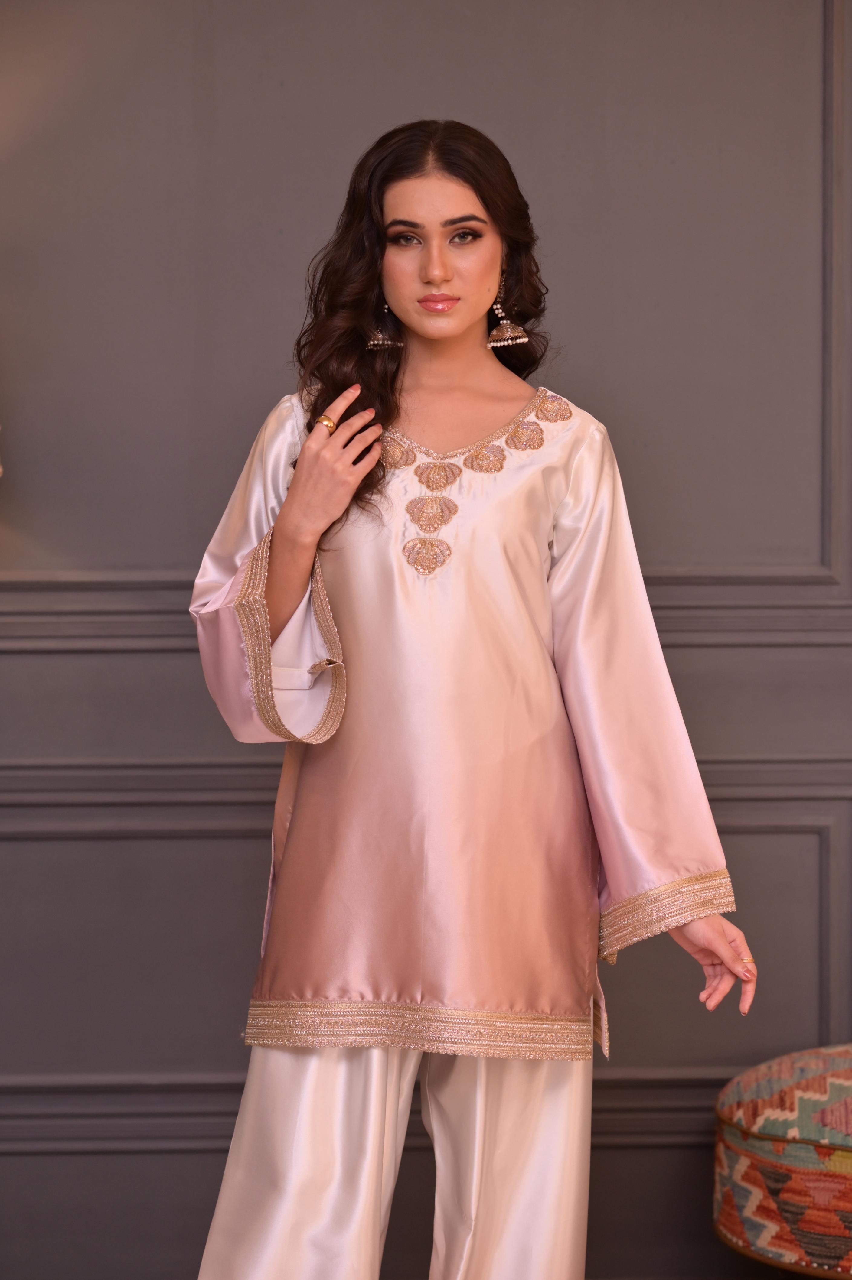 Blush Gold Ombré Silk Hand-Embellished 3-Pc Set