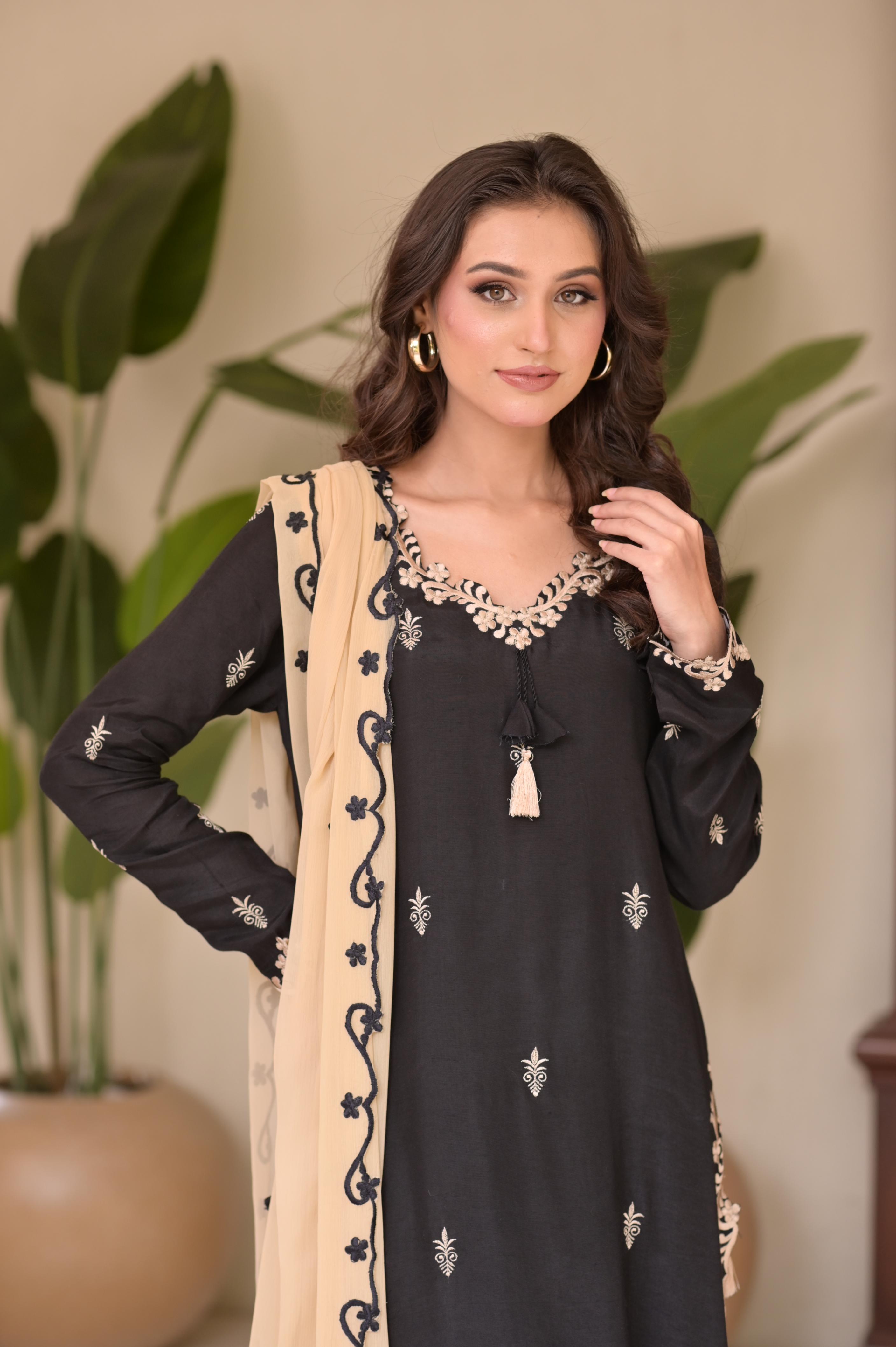 Black & Beige Embroidered 3-Pc Set