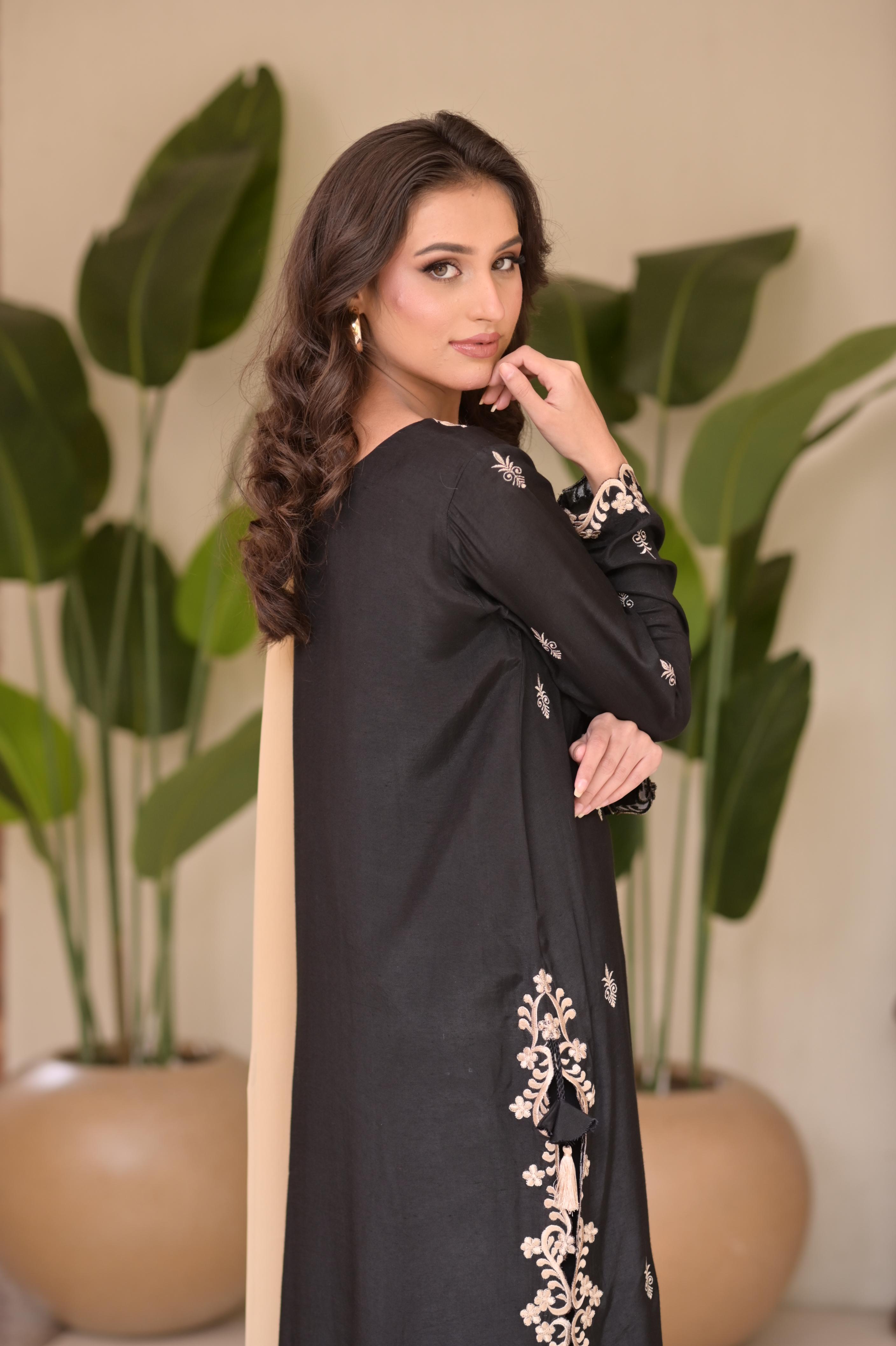 Black & Beige Embroidered 3-Pc Set