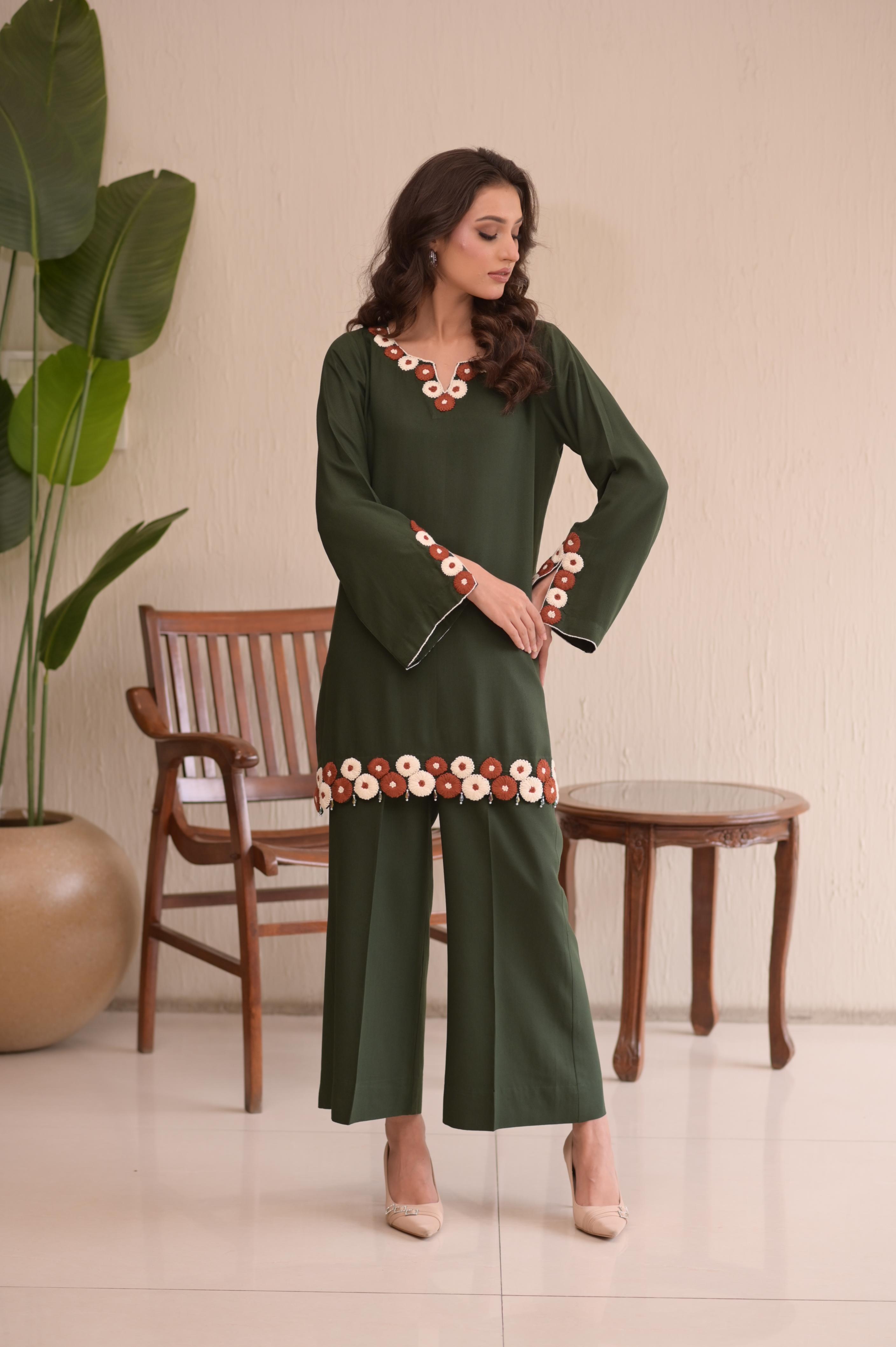 Bottle Green Hand-Embroidered 2-Pc Karandi Set