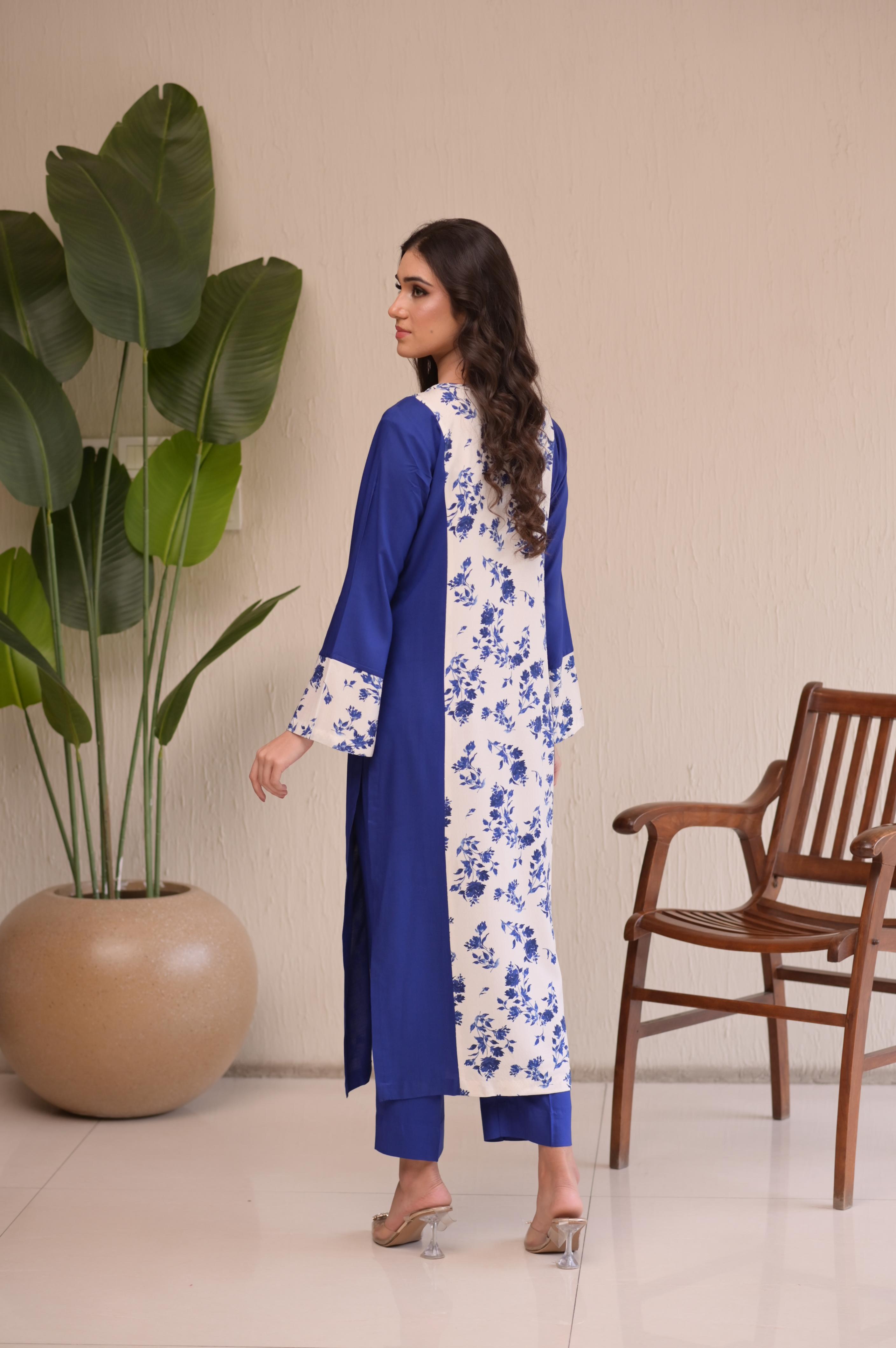 Royal Blue Floral 2-Pc Linen Set