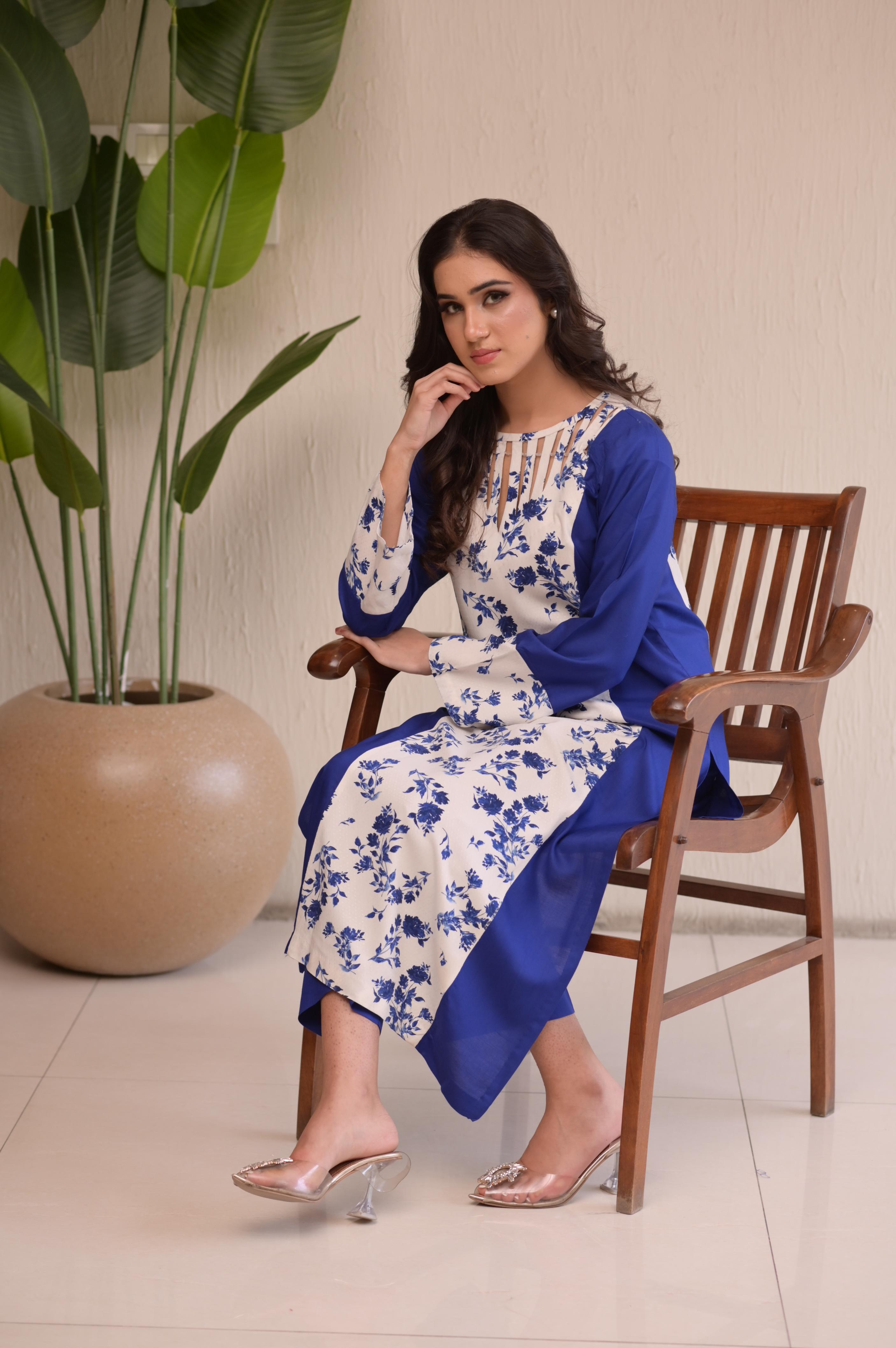 Royal Blue Floral 2-Pc Linen Set