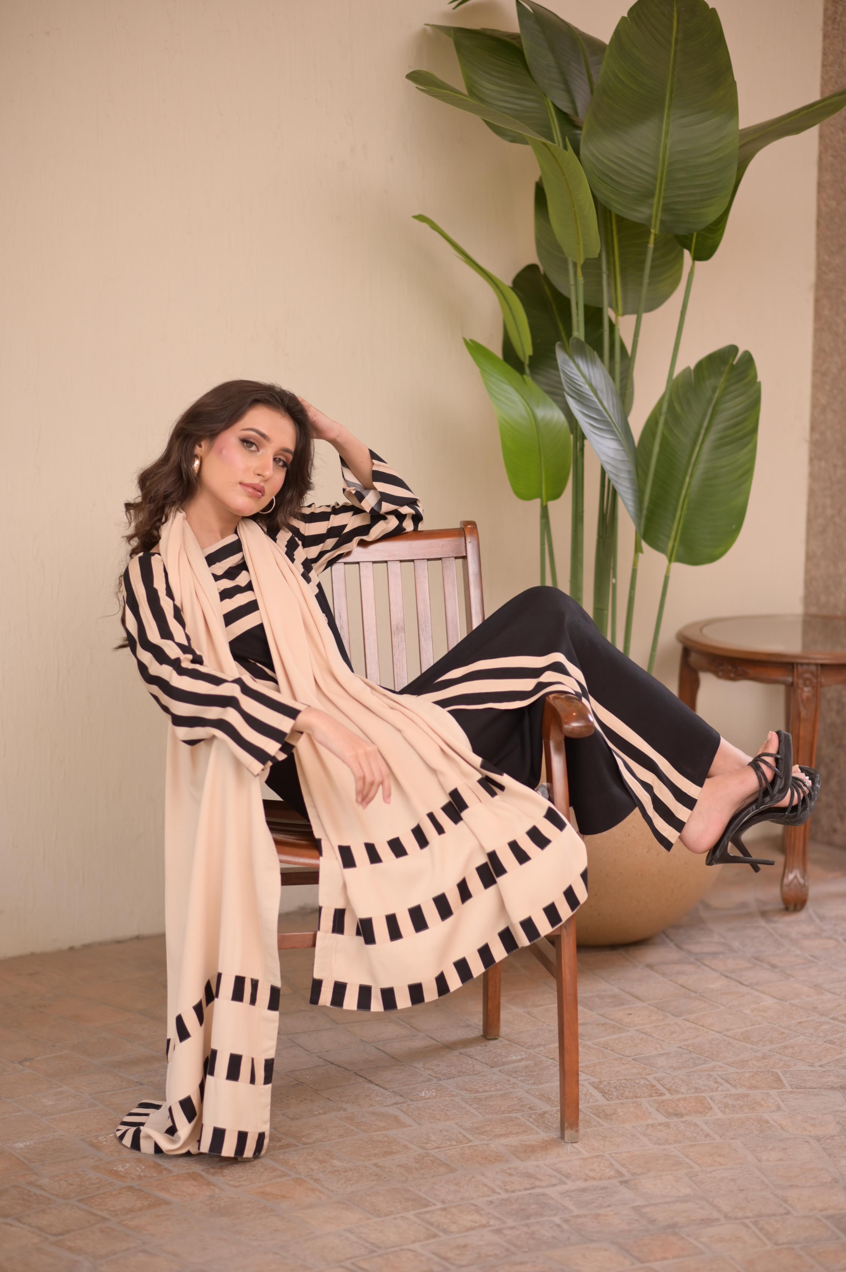 Warm Taupe & Black Stripes 3-Pc Set With Shawl