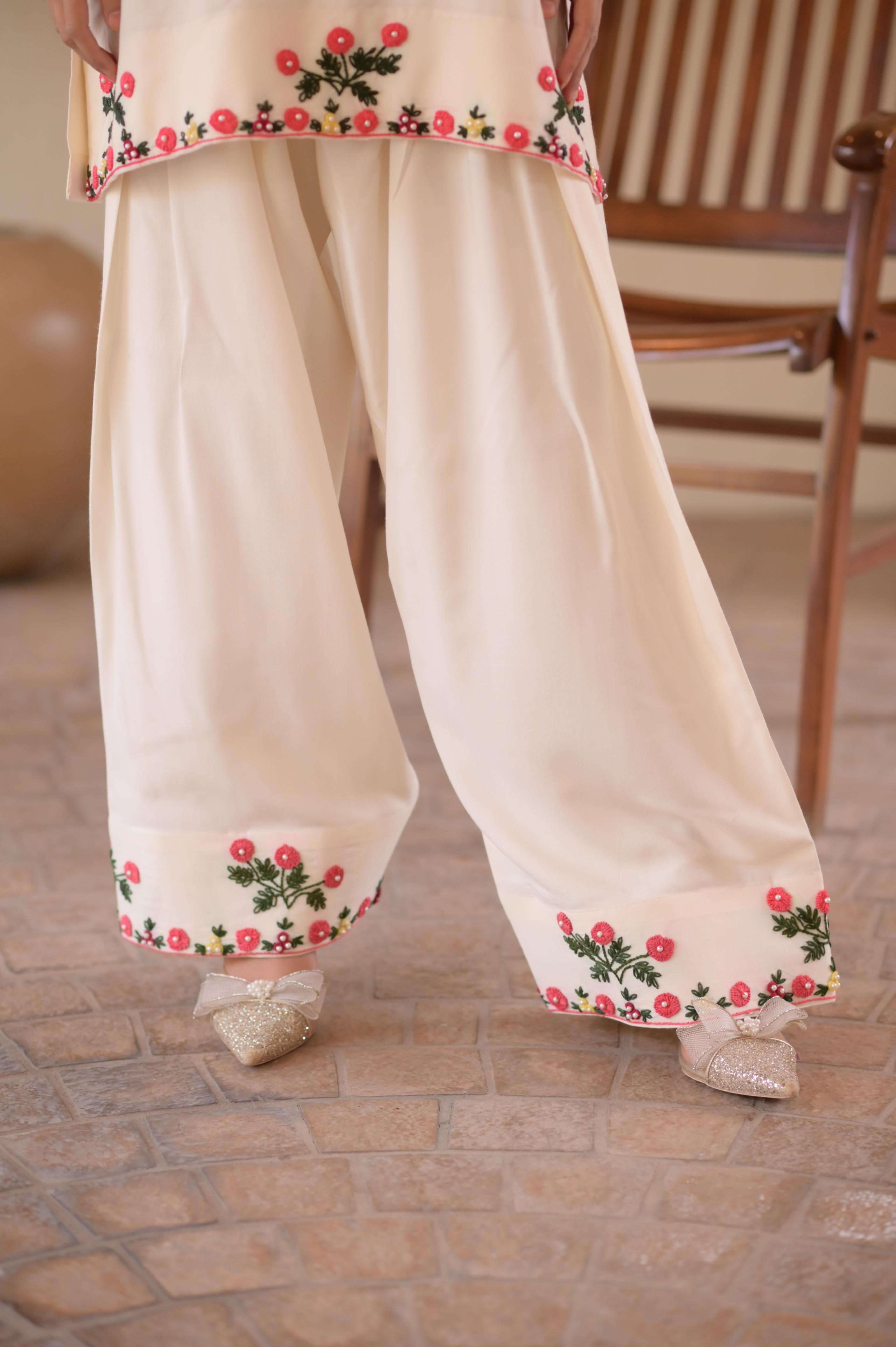 Ivory Hand-Embroidered Farshi 2-Pc Linen Set