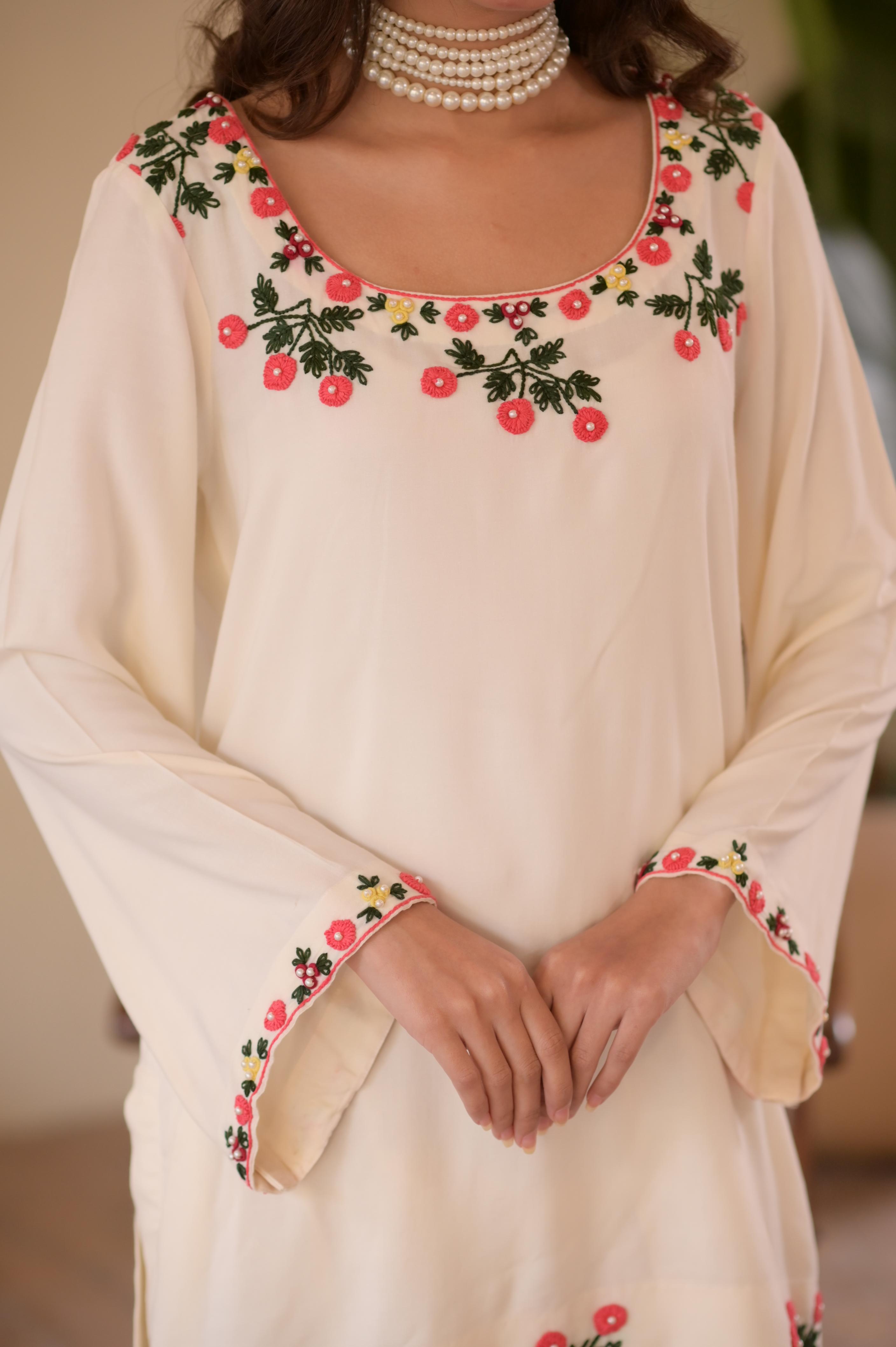 Ivory Hand-Embroidered Farshi 2-Pc Linen Set