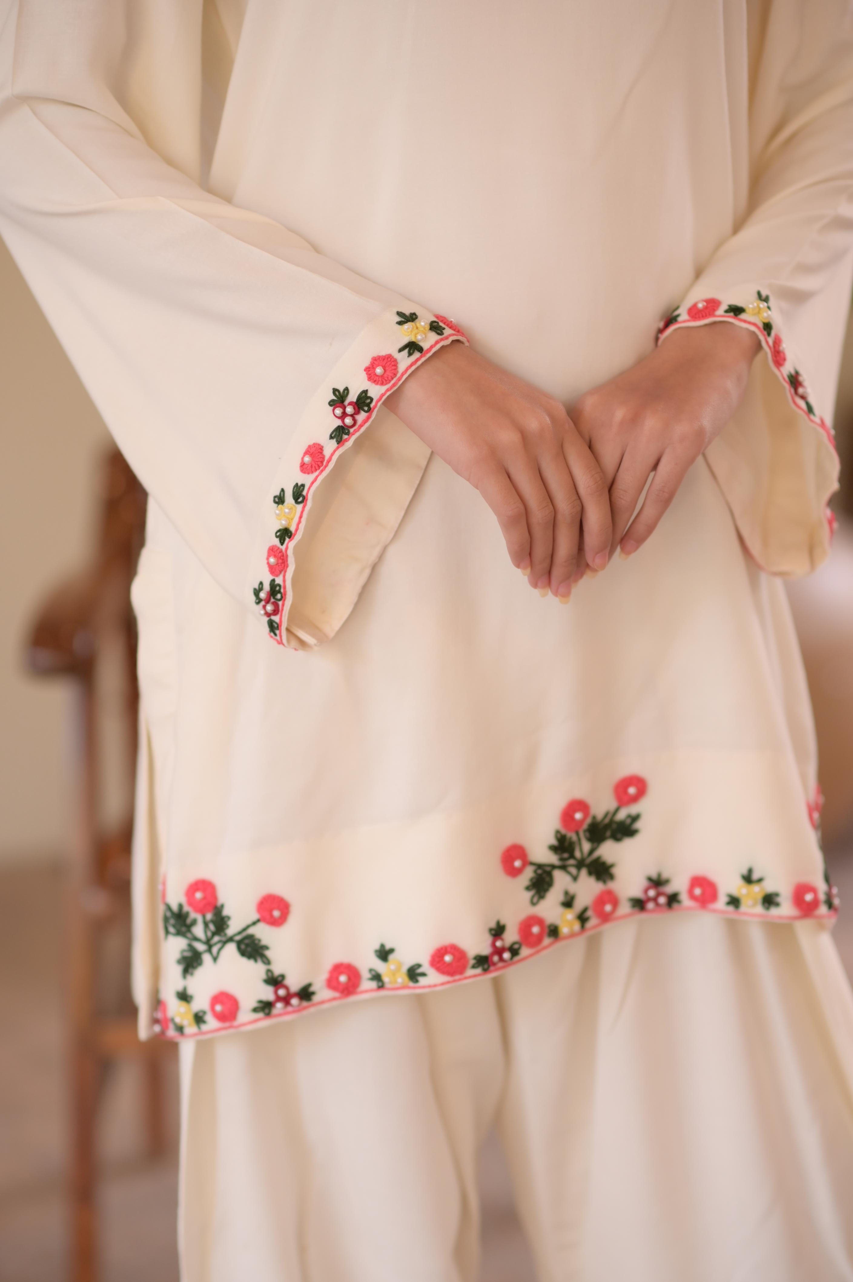 Ivory Hand-Embroidered Farshi 2-Pc Linen Set