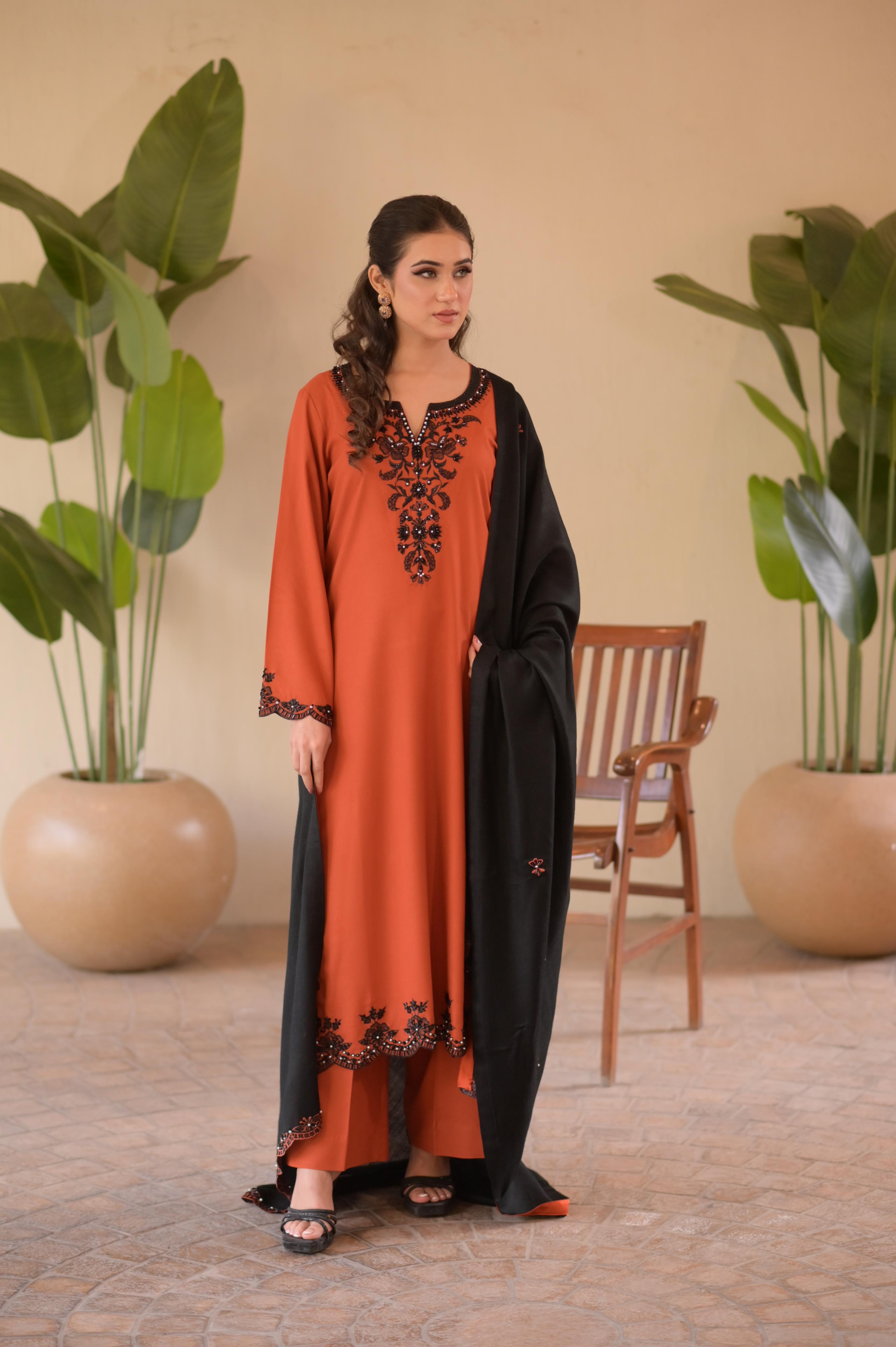 Burnt Orange Hand-Embellished 3-Pc Set