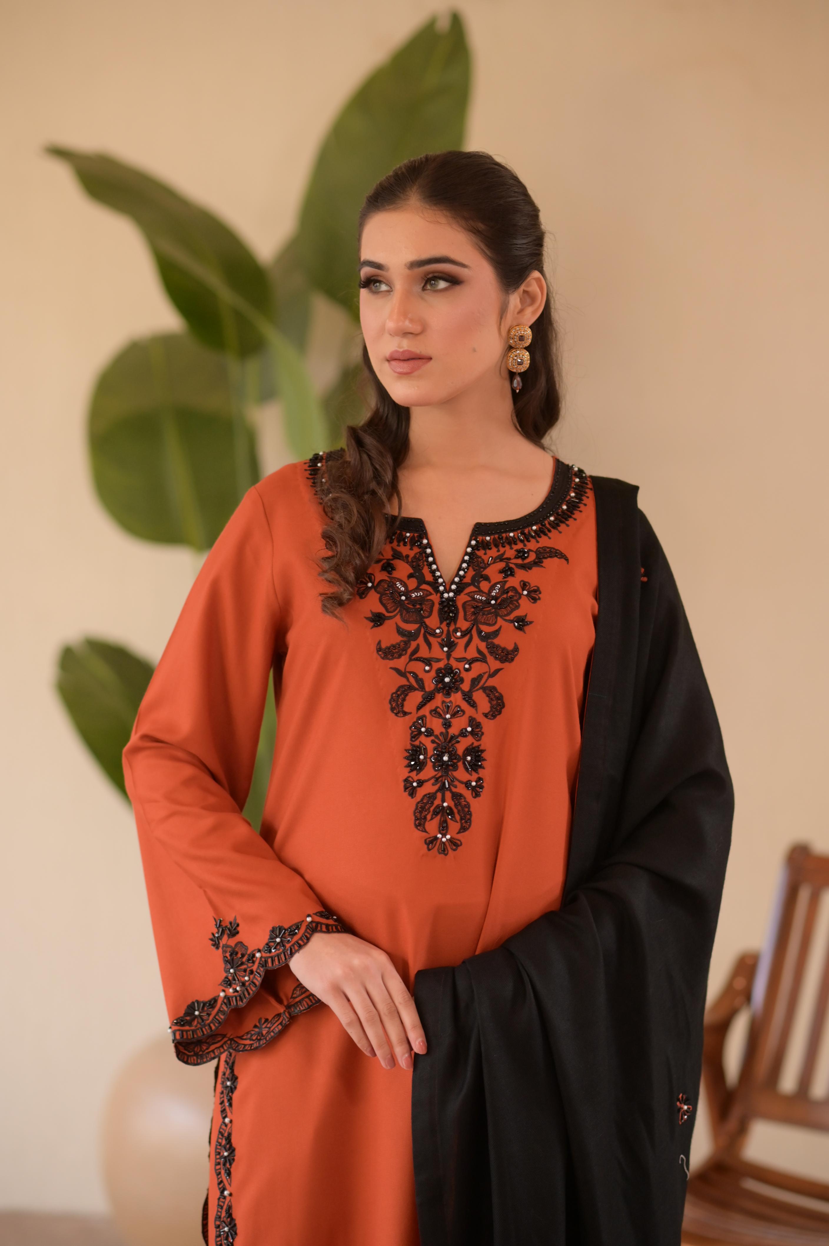 Burnt Orange Hand-Embellished 3-Pc Set