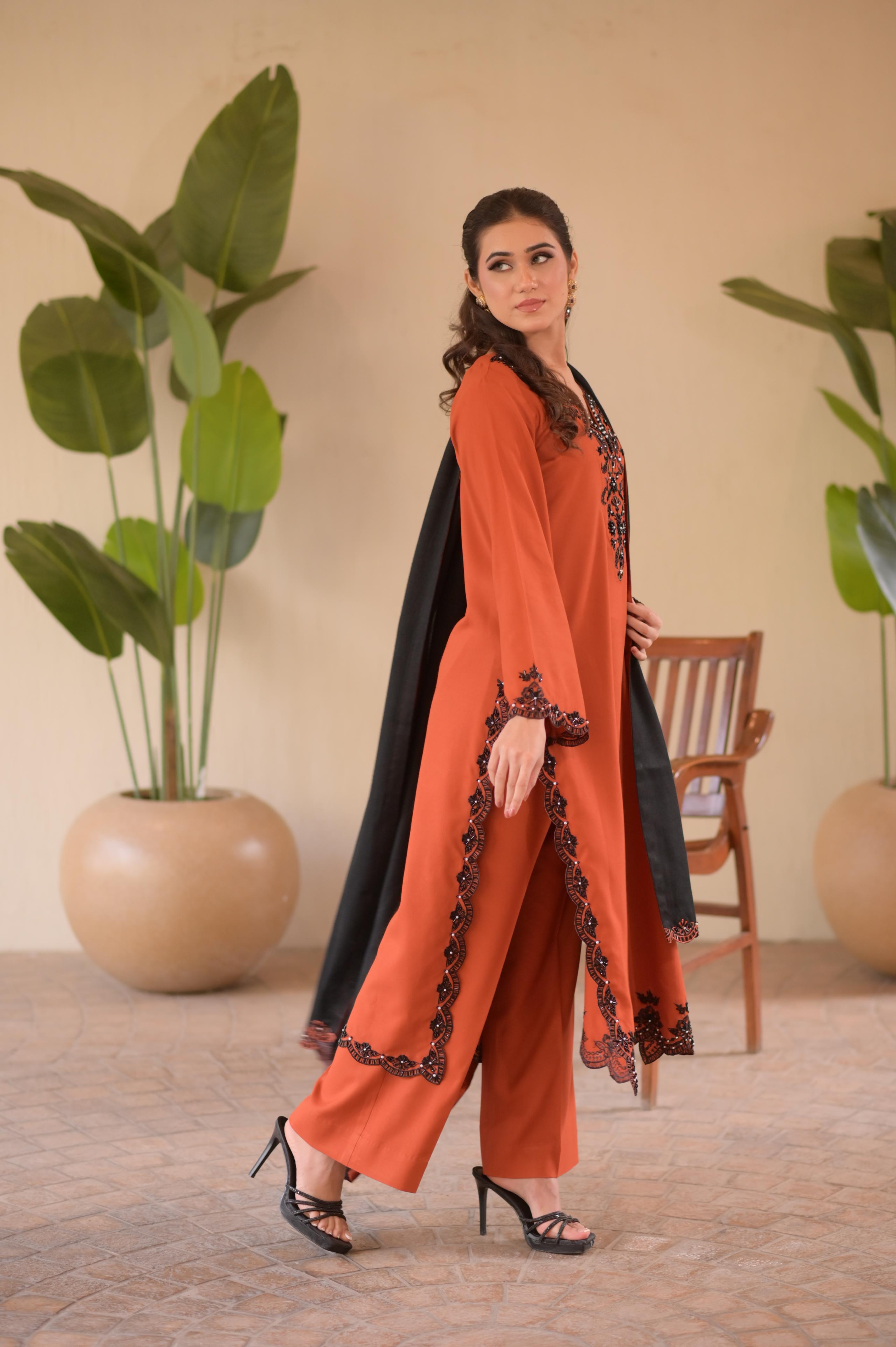 Burnt Orange Hand-Embellished 3-Pc Set