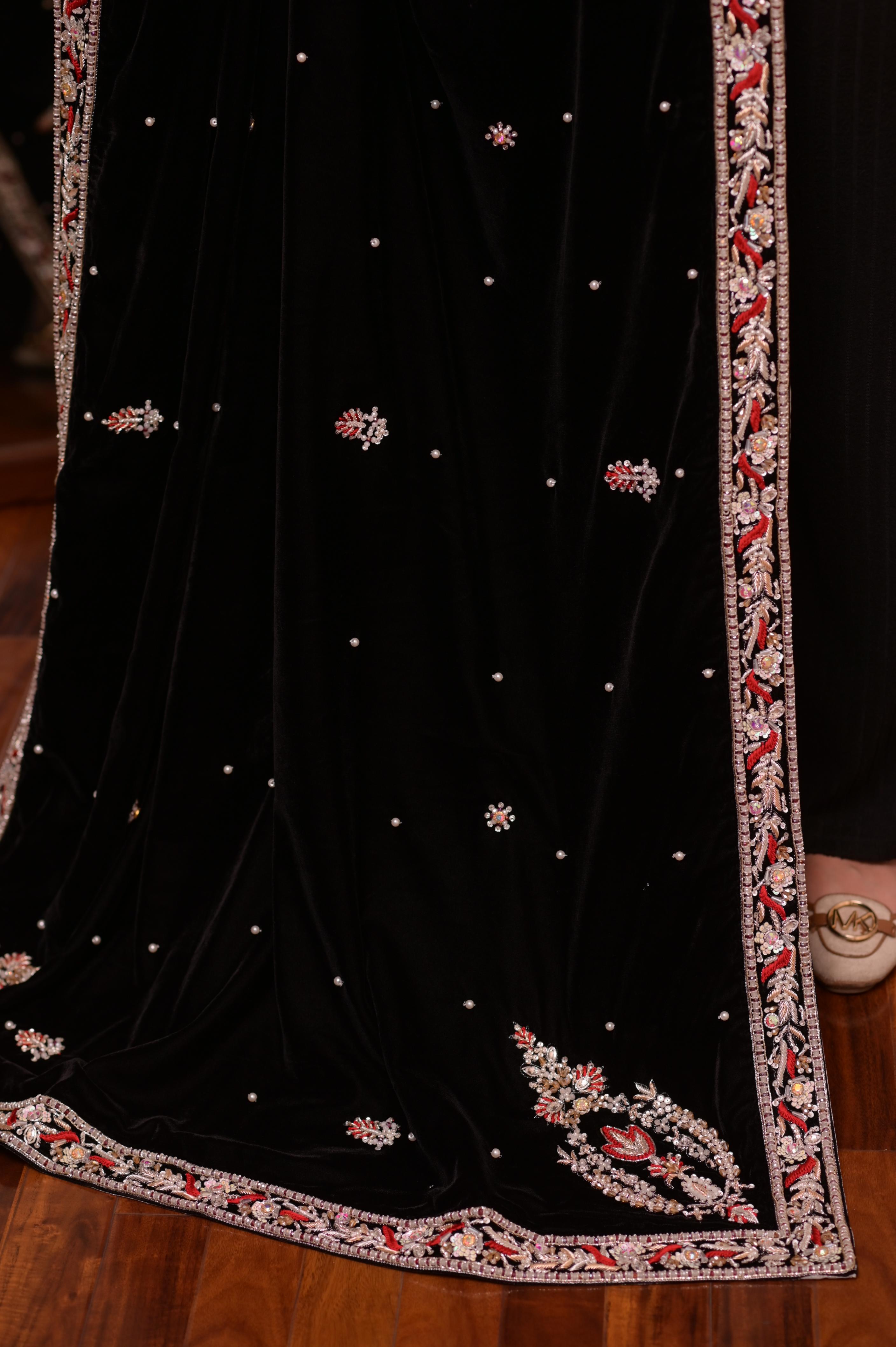 Regal Black Velvet Signature Hand-Embellished Shawl
